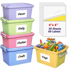 three plastic storage containers with labels for toys