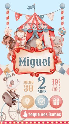 a poster for a circus with animals on it and a sign that says miguel in spanish