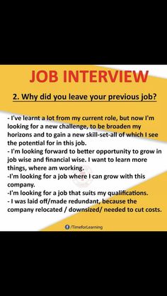 a job interview is shown with an orange and white stripe in the center, which reads'2 why did you leave your previous job? '