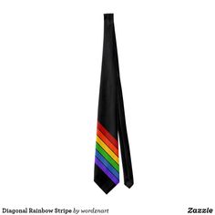 a black tie with a rainbow colored stripe on it's side and the words diagonal rainbow strip by wordmark