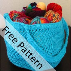 a blue knitted bag with balls of yarn in it and the words free pattern below