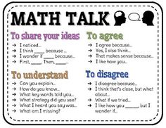 a printable poster with the words, math talk to share your ideas and other things