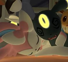 an animated character laying on the ground next to another character with glowing eyes and ears