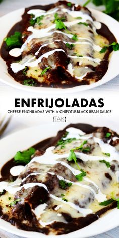 two white plates topped with enchiladas covered in sauce and garnished with cilantro
