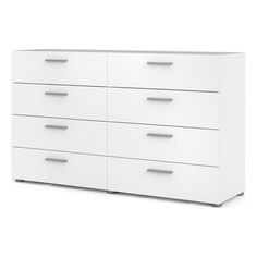 a white dresser with six drawers and two doors on each side, in front of a white background