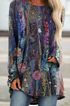 Bohemian Style, Moda Hippie, Gradient Print, Floral Long Sleeve Shirt, Mode Boho, Moda Boho, Bohemian Floral, Mode Outfits, Look Fashion