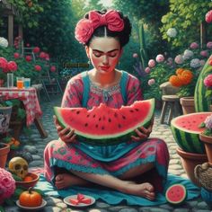 a painting of a woman holding a piece of watermelon in her hands while sitting on the ground