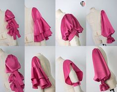 six pictures of different ways to tie a pink scarf on a mannequin's head