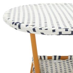 a white and blue table with a basket on it's back end, against a white background