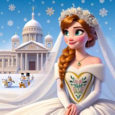 the princess in her wedding dress is posing for a photo with snowmen behind her