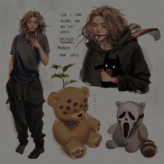 an artist's rendering of some people and stuffed animals, including a teddy bear