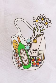 an image of a vase with flowers in it on a white cloth background, which has been embroidered onto the fabric