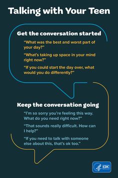 Parents and caregivers can promote healthier and safer experiences by making a habit of knowing about their teens’ lives and checking in regularly. 

Open communication between parents/caregivers and their teens can help strengthen relationships. It can also reduce teens’ risk for poor mental health.

Click for tips on starting the conversation and making it a normal part of your family’s routine.

#HealthyYouth #HealthyTeens #Parents School Health, Open Communication, Active Listening, How To Start Conversations, Behavioral Health, Primary Care, Do Your Best, The Way You Are