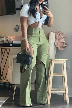Antique Brass Casual Solid Hollowed Out Patchwork Regular High Waist Conventional Solid Color Trousers Patchwork, Swag Pants, Hm Outfits, Cutout Pants, Casual Pants Style, Baddie Outfits Casual, Cute Simple Outfits, Fall Fashion Outfits