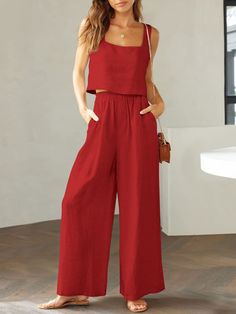 Wide Neck Top, Top And Wide Leg Pants, Casual Dressy, Favorite Shoes, Square Neck Top, Cotton Top, Dream Clothes, Deep Red