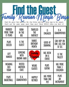 a game board with the words find the guest, family reunion mingle bingp