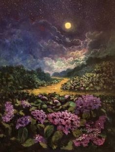 a painting of purple flowers in front of a night sky