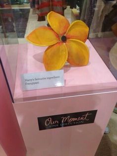 a pink box with a yellow flower on it's side and a sign that says our moment