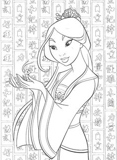 the princess from disney's tangled tale coloring page with characters and symbols on it