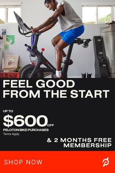 a man on a stationary bike with the text feel good from the start up to $ 600