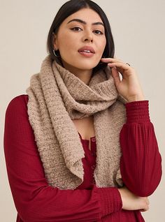 FIT. Measures 19. 5” x 82”. MATERIALS + CARE. Knit yarn fabric. . Machine wash cold. Dry low. . Imported. DETAILS. Oblong shape. . The best plus size women's cozy scarf scarves in beige. Torrid is your destination for the freshest spring and summer styles. Summer Styles, Head Accessories, Tan Scarf, Cozy Scarf, Cozy Knits, Dress Fits, Knitting Yarn, Chunky Knit, Scarf Wrap