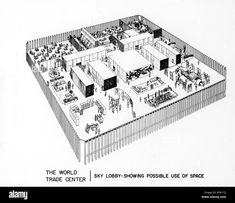 an illustrated drawing of the inside of a cubicle with tables, chairs and desks