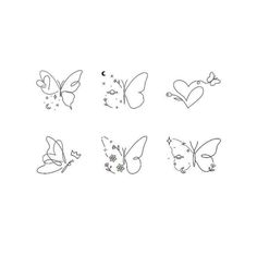 six different butterflies with hearts and stars on their wings, all drawn in one line