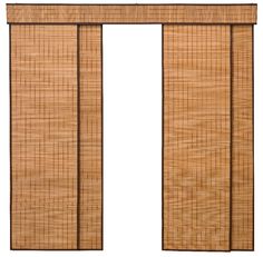 an open bamboo door with vertical blinds on the top and bottom panels, in front of a white background