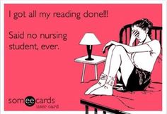 a woman sitting on top of a bed in front of a pink background with the words, got all my reading done said no nursing student ever