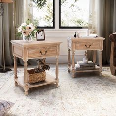 two wooden tables sitting next to each other on top of a rug in front of a window