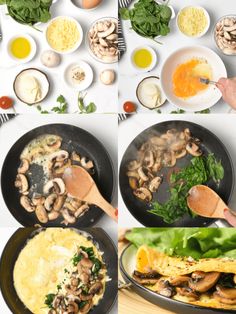 the process of making an omelet with mushrooms and spinach in skillets