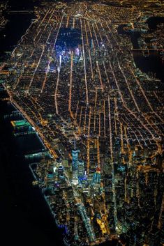 an aerial view of new york city at night