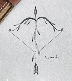 an ink drawing of a bow and arrow with the word love written in cursive writing