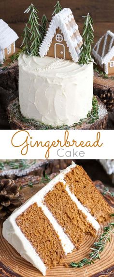 gingerbread cake with white frosting and pine trees on top, surrounded by other cakes