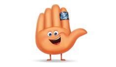 an orange cartoon hand with a ring on it's thumb