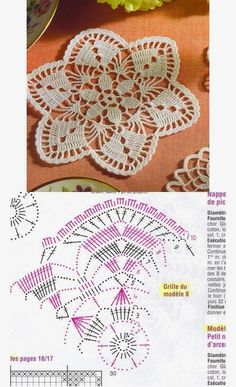 crochet doily patterns with flowers on the side and in the middle,
