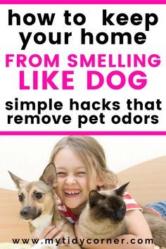 a girl holding two cats and smiling with the caption how to keep your home from smelling like dog simple hacks that remove pet odors