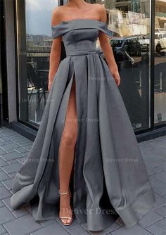 A Line Off The Shoulder Sleeveless Long Floor Length Satin Prom Dress Outfits For Women With Split Silver Wedding Gown, White Mini Dress Outfit, Trendy Prom Dresses, Hoco Dresses Short, Mini Dress Outfits, Prom Dresses For Teens, Ball Gowns Evening, Bridesmaid Dresses Prom, Grad Dresses