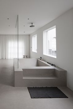 a bathroom with a large bathtub next to a window and rug on the floor