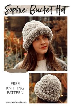 a woman wearing a knitted hat with two pictures of her face and the words, free knitting pattern