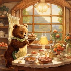 there is a bear that is standing at the table