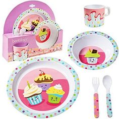 a set of children's dinnerware with cupcakes