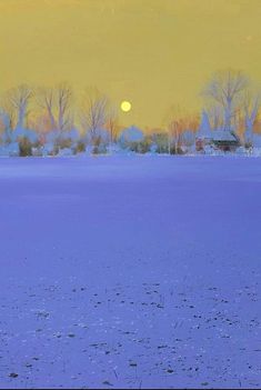 the sun is setting over a snowy field with trees and houses in the back ground