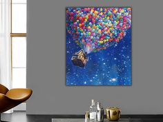 a painting of a house floating in the sky with balloons on it's back