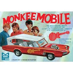 an advertisement for the monkiemobile, featuring three young men and a red car