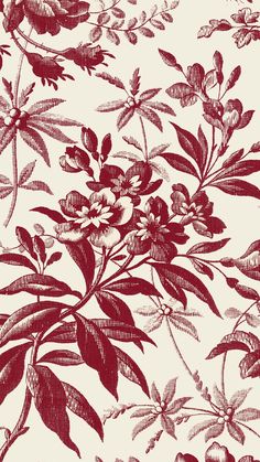 a red and white wallpaper with leaves and flowers on it's back side