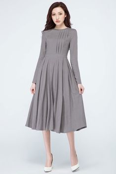 Women Dresses Formal, Chifon Dress, Pleated Dress Long, Black Dress Outfit Casual, Long Sleeves Dress, Frock Fashion, Dress Pleated, Black Dress Outfits, Crewneck Dress