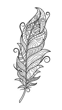 a black and white drawing of a feather with swirly designs on it's tail