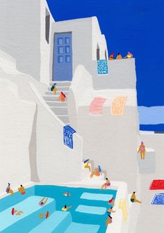 a painting of people swimming in a pool on the side of a white building with blue doors