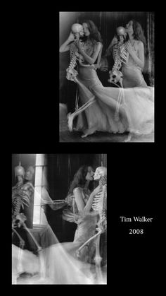 two pictures of women in dresses and skeletons on the dance floor, one is dancing